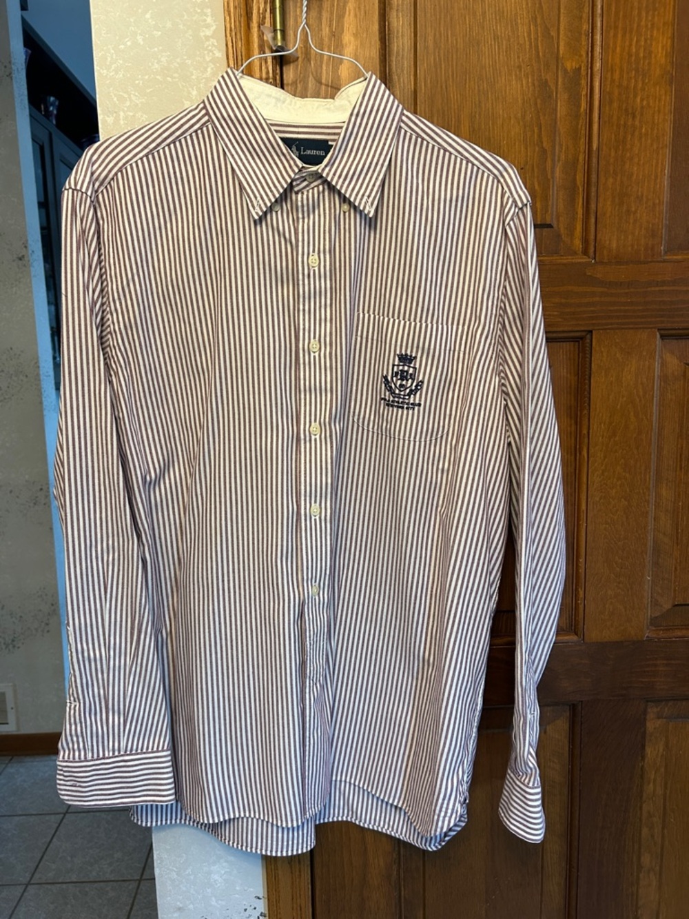 Ralph Lauren Men’s Striped Dress Shirt - White & Maroon Stripe